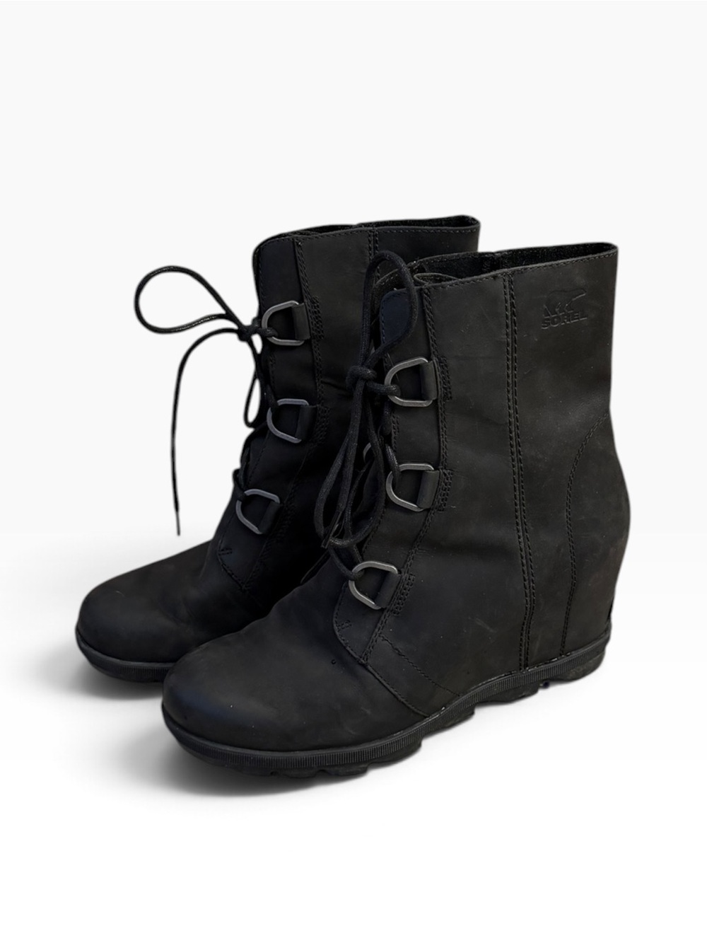 Sorel Joan of Arctic II Black Leather Lace-Up Hidden Wedge Ankle Boots Size 11